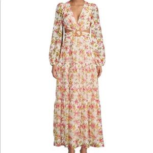 Lillian Floral Print Long Sleeve Deep V-Neck Cut-Out Tiered A-Line Dress